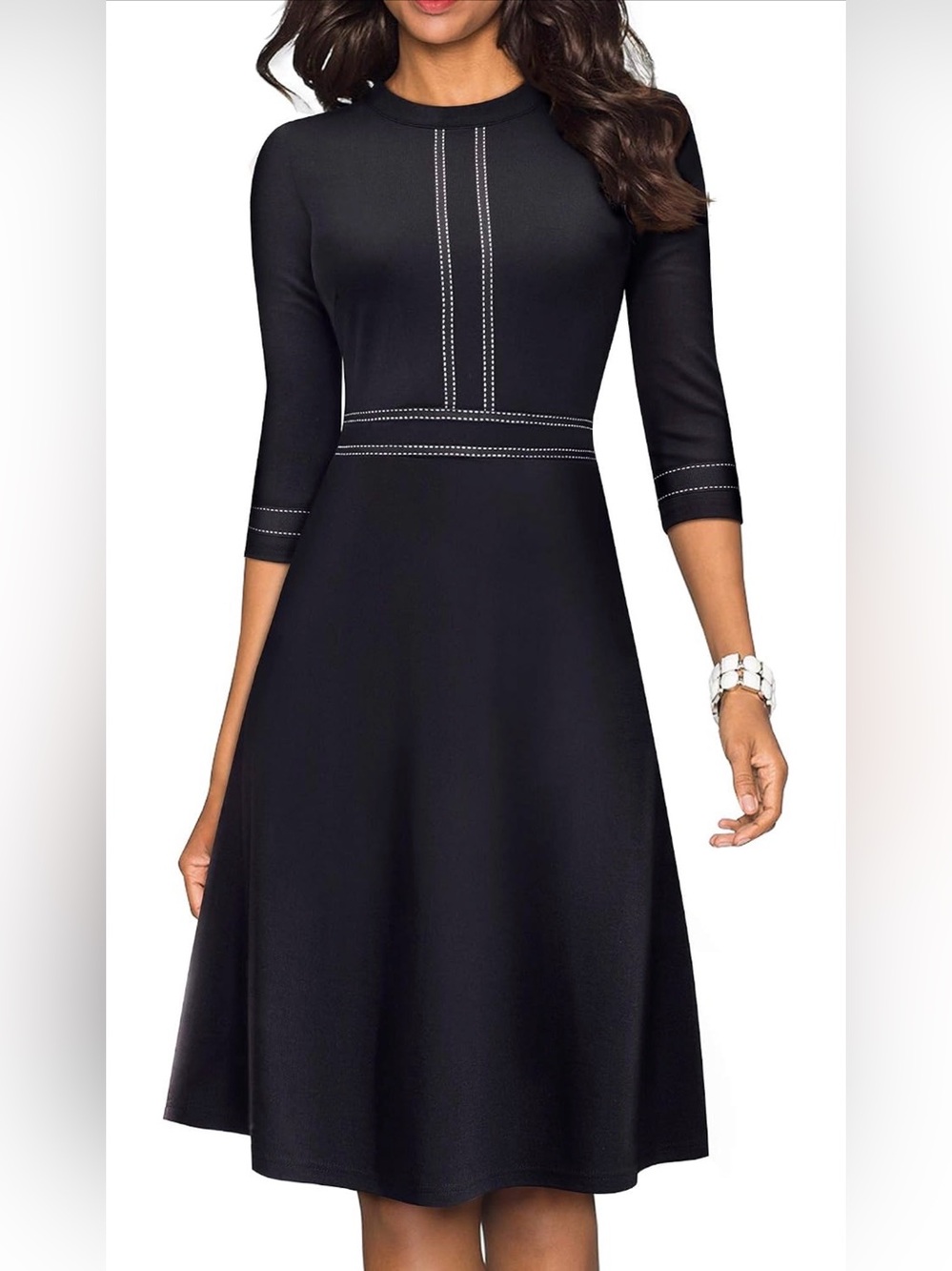 Women’s Black Long-Sleeve A-Line Dress with Contrast Stitching